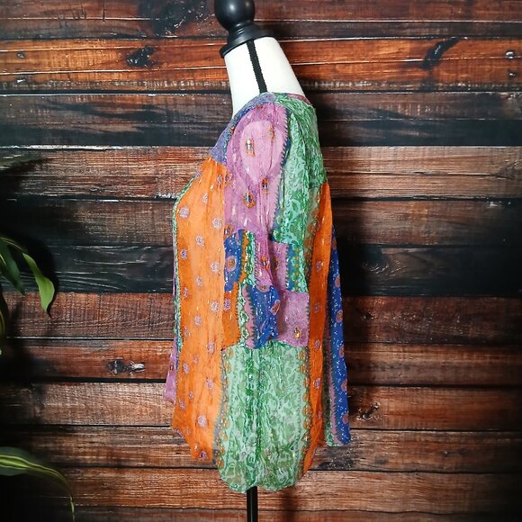 Anthropologie Akemi + Kin Peasant Top S Sheer Lyocell Bell Sleeve Patchwork - Picture 7 of 9